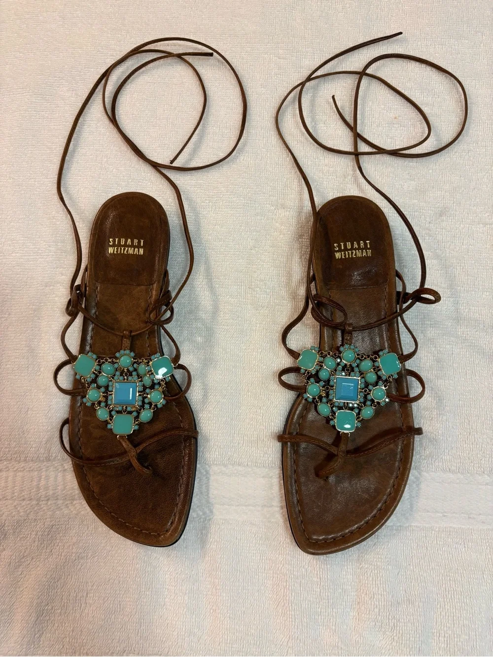 Stuart Weitzman Brown Leather Lace-Up Sandals with Turquoise Stones